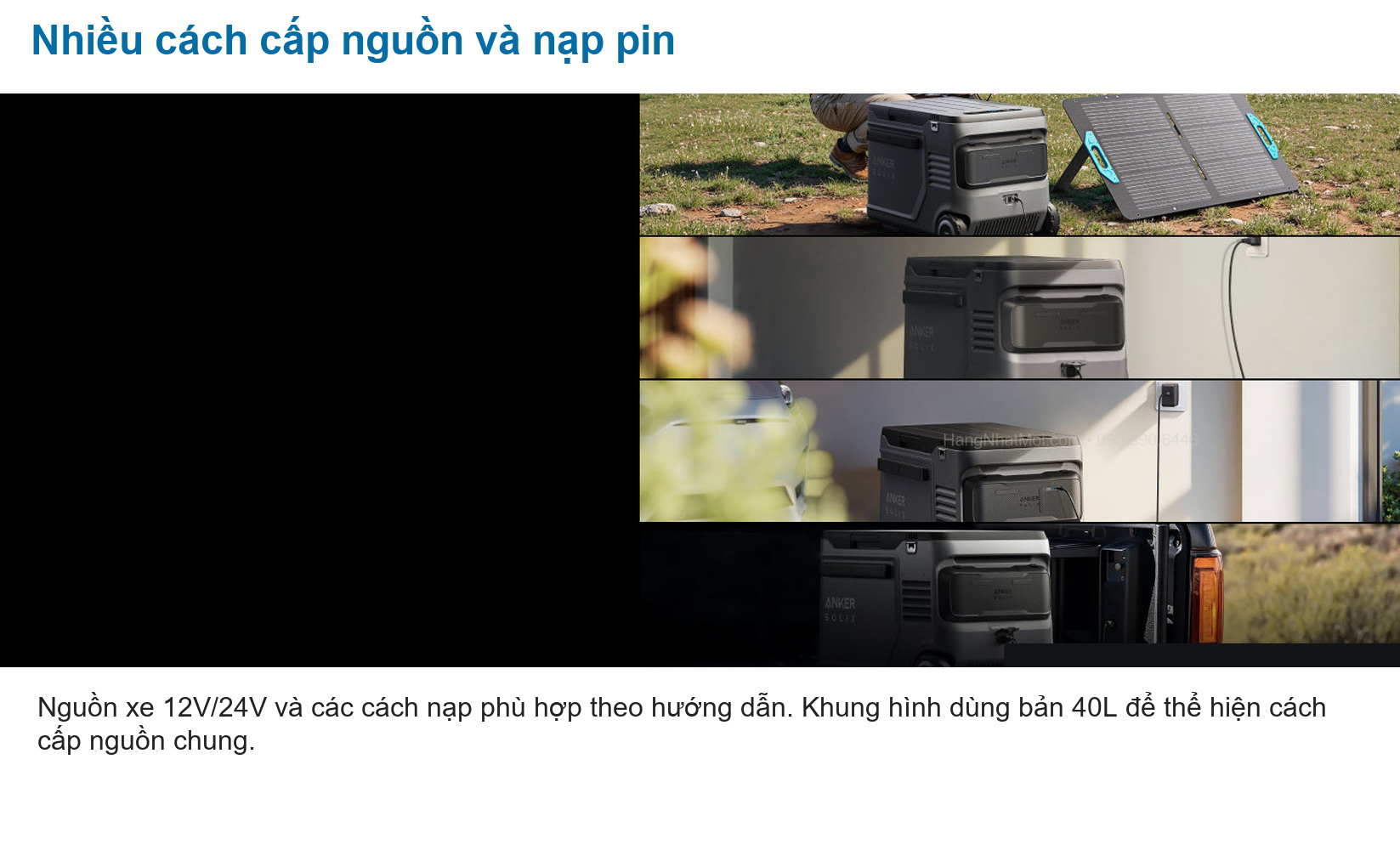 Anker A17A35A1: Nguồn xe 12V/24V và các cách nạp phù hợp theo hướng dẫn. Khung hình dùng bản 40L để thể hiện cách cấp nguồn chung.