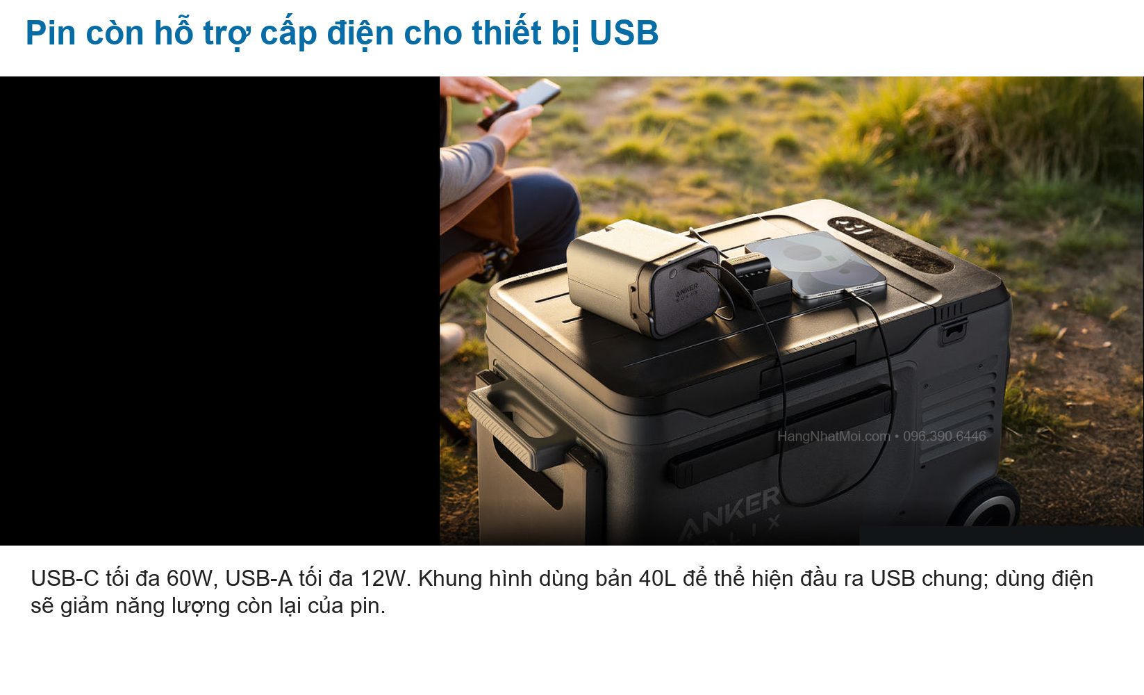 Anker A17A35A1: USB-C tối đa 60W, USB-A tối đa 12W. Khung hình dùng bản 40L để thể hiện đầu ra USB chung; dùng điện sẽ giảm năng lượng còn lại của pin.