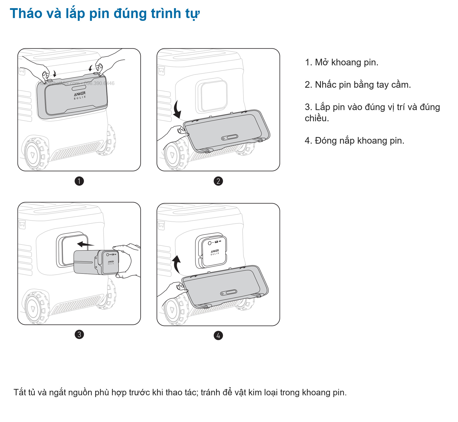 Anker A17A35A1: Các bước mở khoang, lấy pin, lắp lại đúng chiều và đóng nắp.