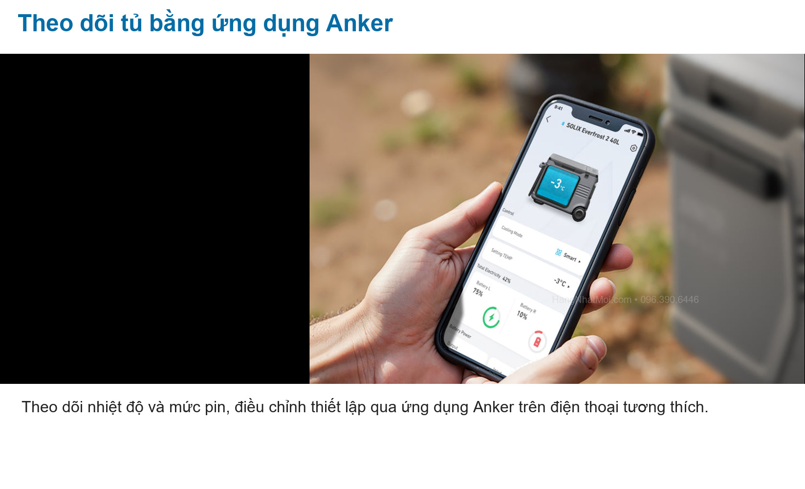Anker A17A45A1: Theo dõi nhiệt độ và mức pin, điều chỉnh thiết lập qua ứng dụng Anker trên điện thoại tương thích.