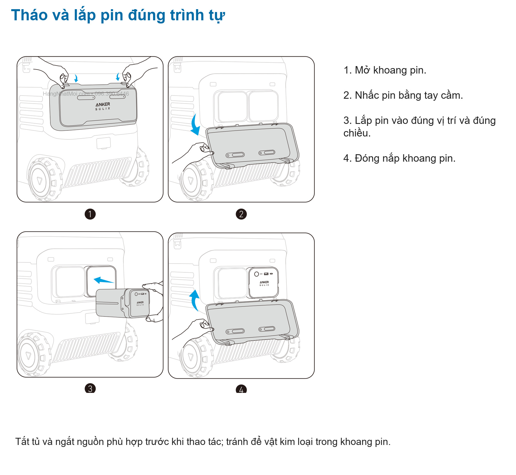 Anker A17A45A1: Các bước mở khoang, lấy pin, lắp lại đúng chiều và đóng nắp.