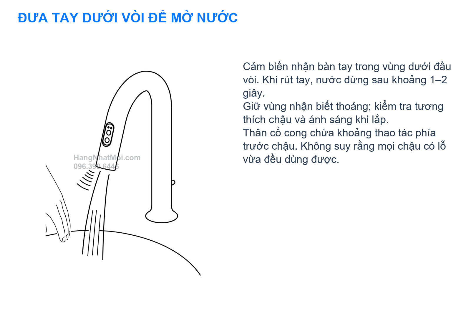 INAX AM-313TCV1 – Hình thao tác tự động đúng dạng cổ cong trong hướng dẫn lắp AM-313: đưa tay vào vùng nhận biết.