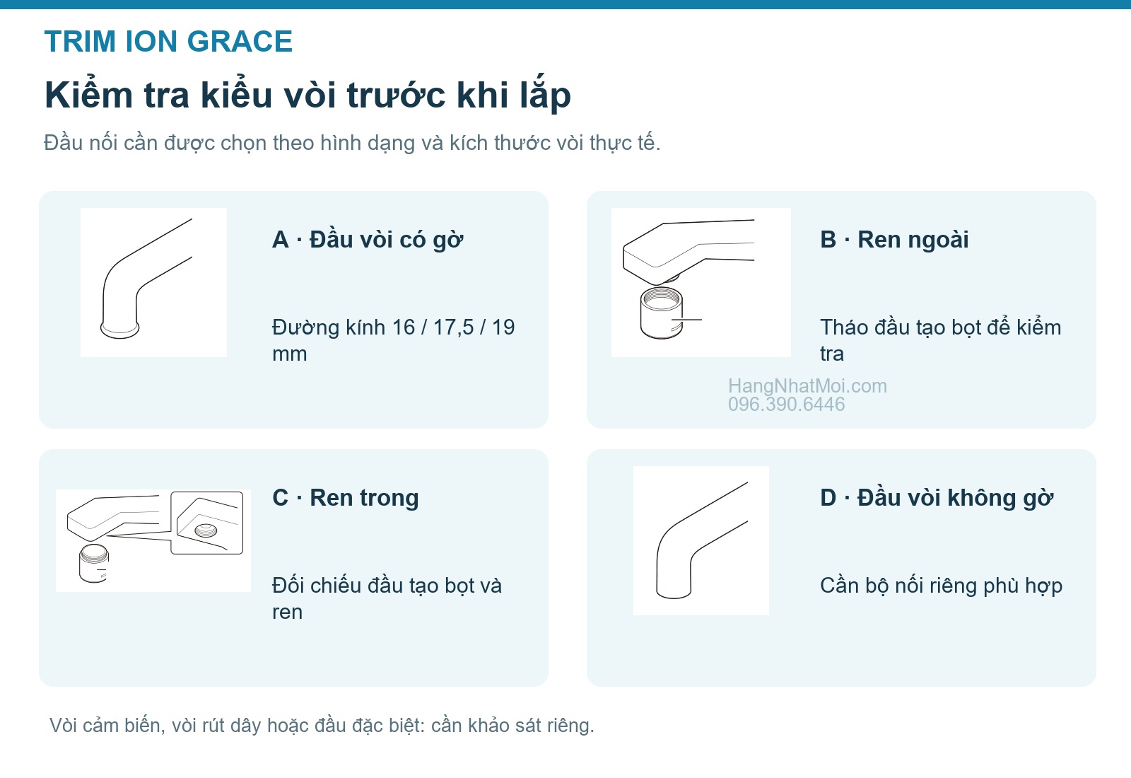 Bốn kiểu đầu vòi cần kiểm tra khi lắp TRIM ION GRACE