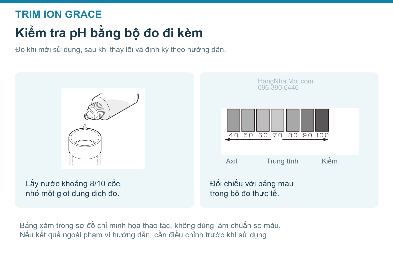 Thao tác nhỏ dung dịch và đối chiếu pH cho TRIM ION GRACE