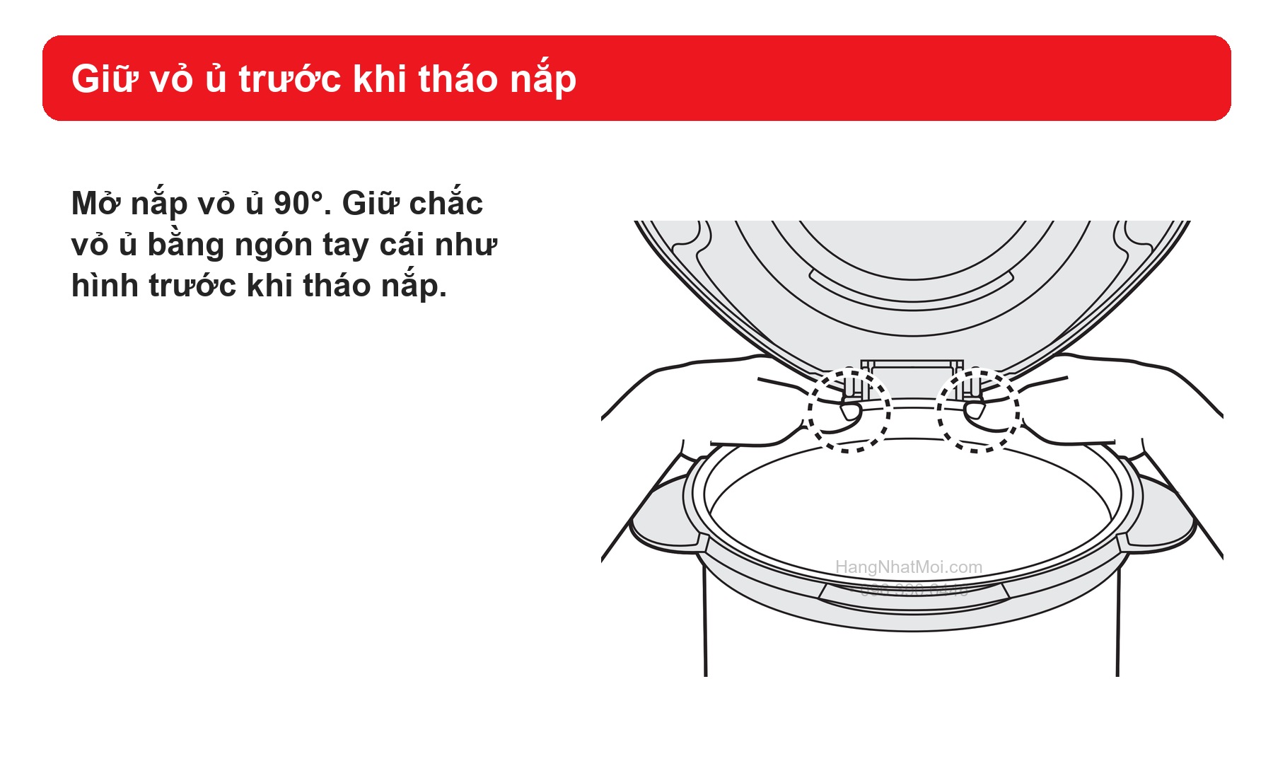 Sơ đồ hãng THERMOS KBK: giữ vỏ ủ trước khi tháo nắp.