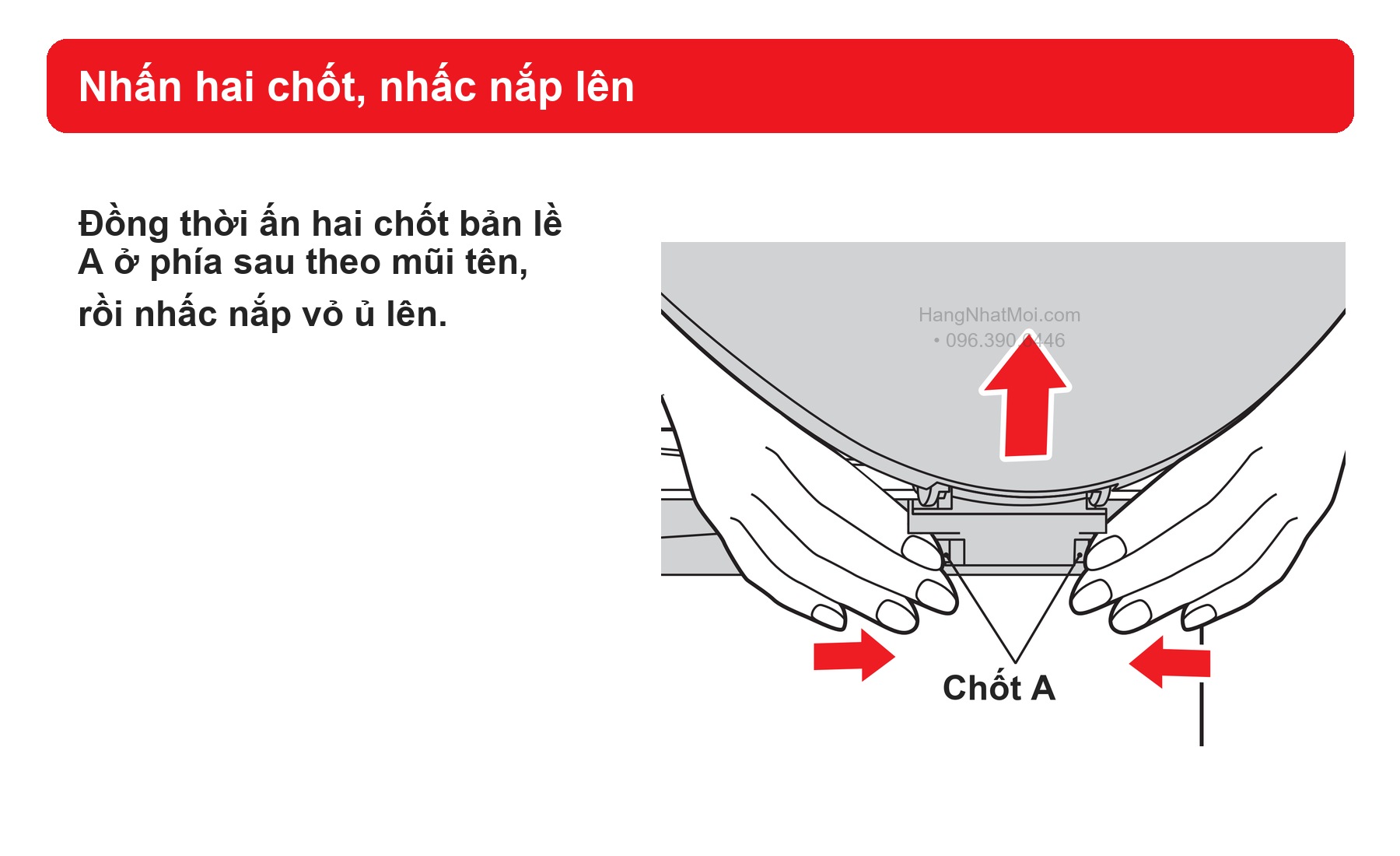 Sơ đồ hãng THERMOS KBK: nhấn hai chốt, nhấc nắp lên.
