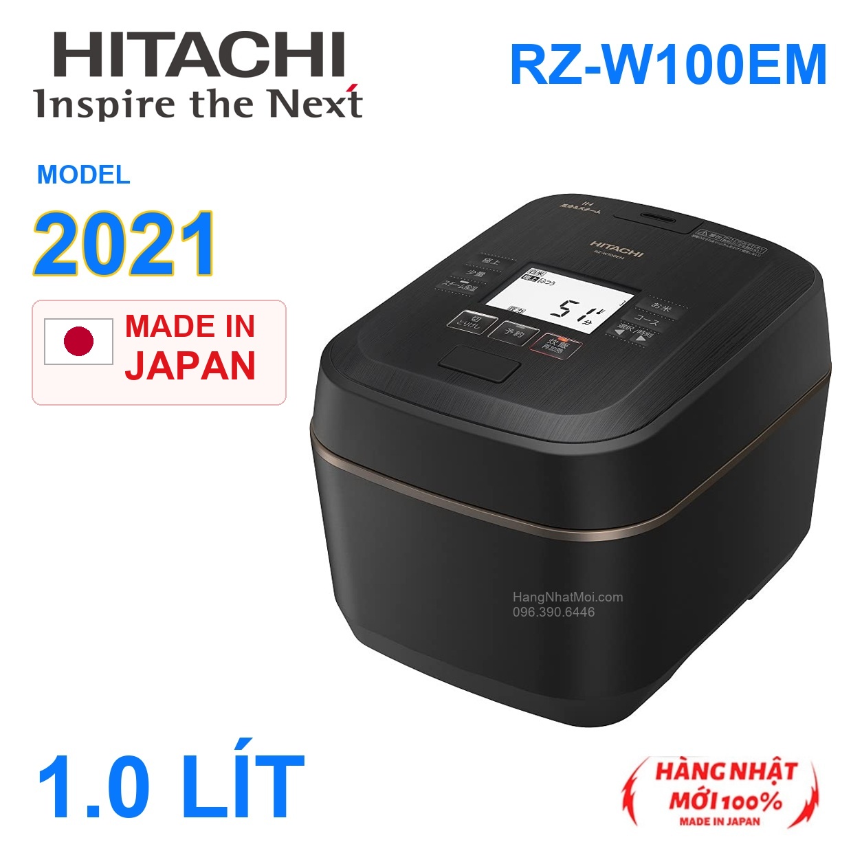 Hitachi RZ-W100EM 1,0 lít màu đen, model 2021, Made in Japan, có cờ Nhật.