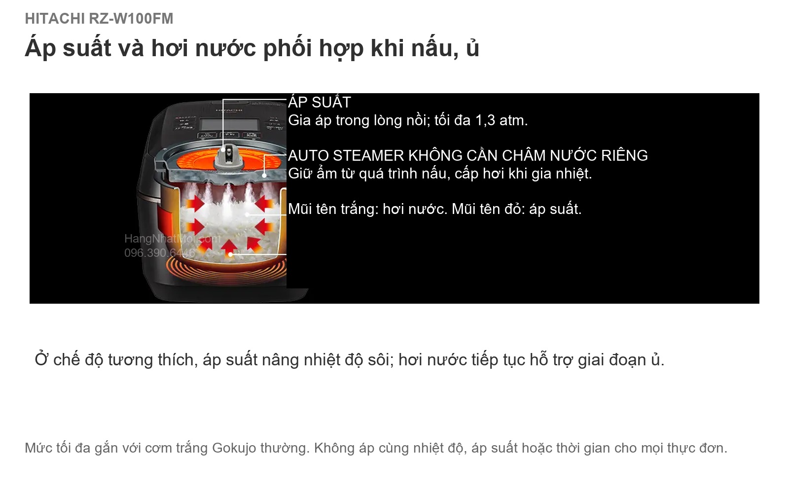Hitachi RZ-W100FM — Cấu tạo áp suất và Auto Steamer phối hợp cấp hơi nóng trong quá trình nấu cơm.