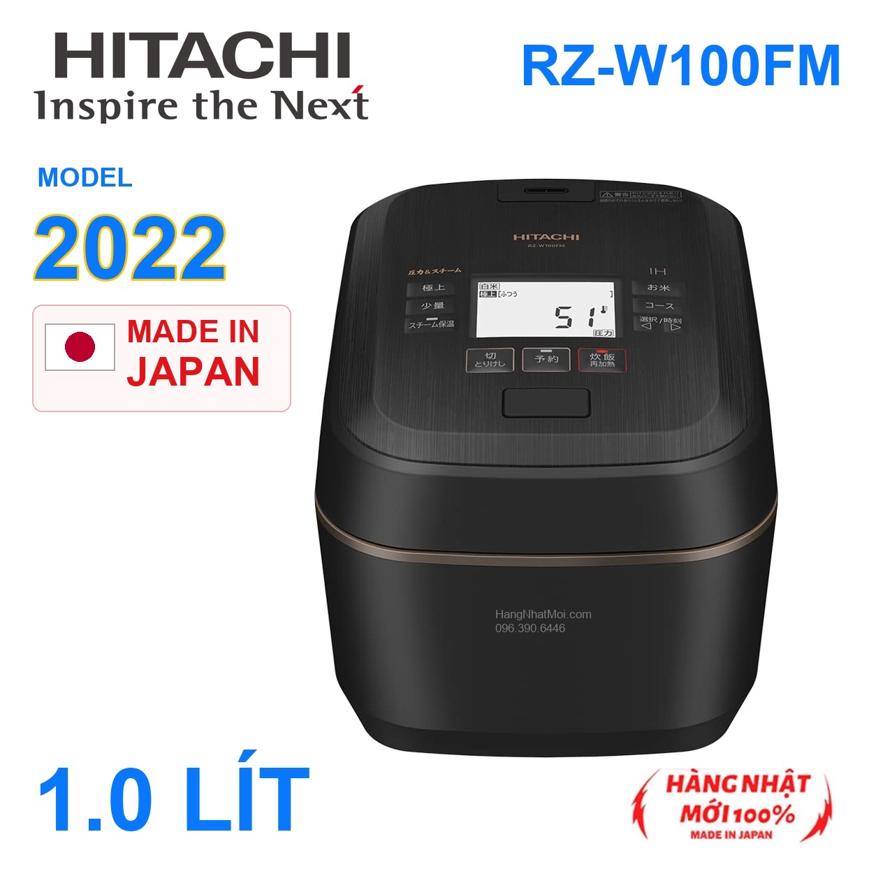 Hitachi RZ-W100FM 1,0 lít màu đen, model 2022, Made in Japan, có cờ Nhật.