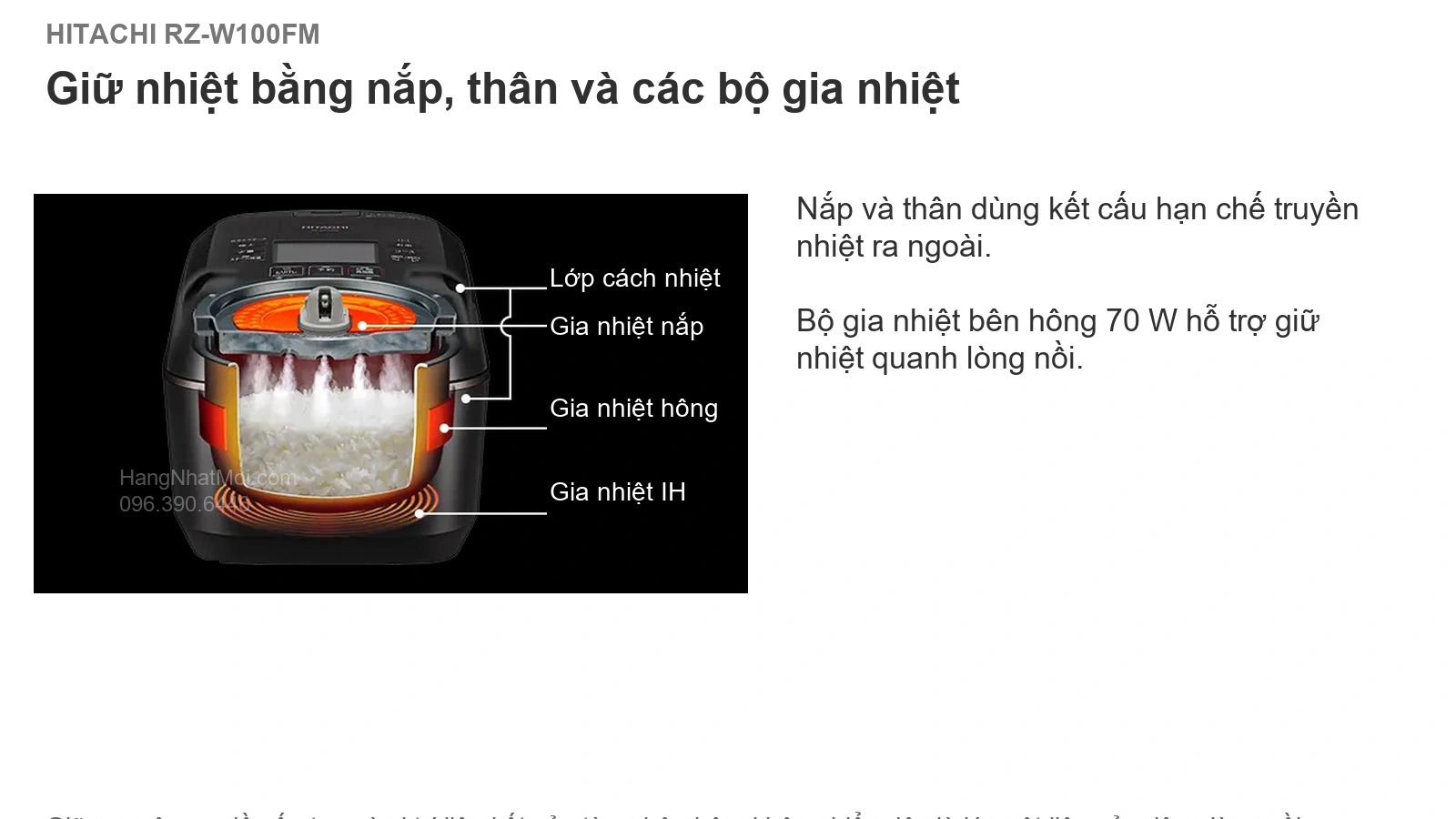 Hitachi RZ-W100FM — Cấu trúc cách nhiệt toàn chu vi cùng các bộ gia nhiệt nắp, bên hông và IH.