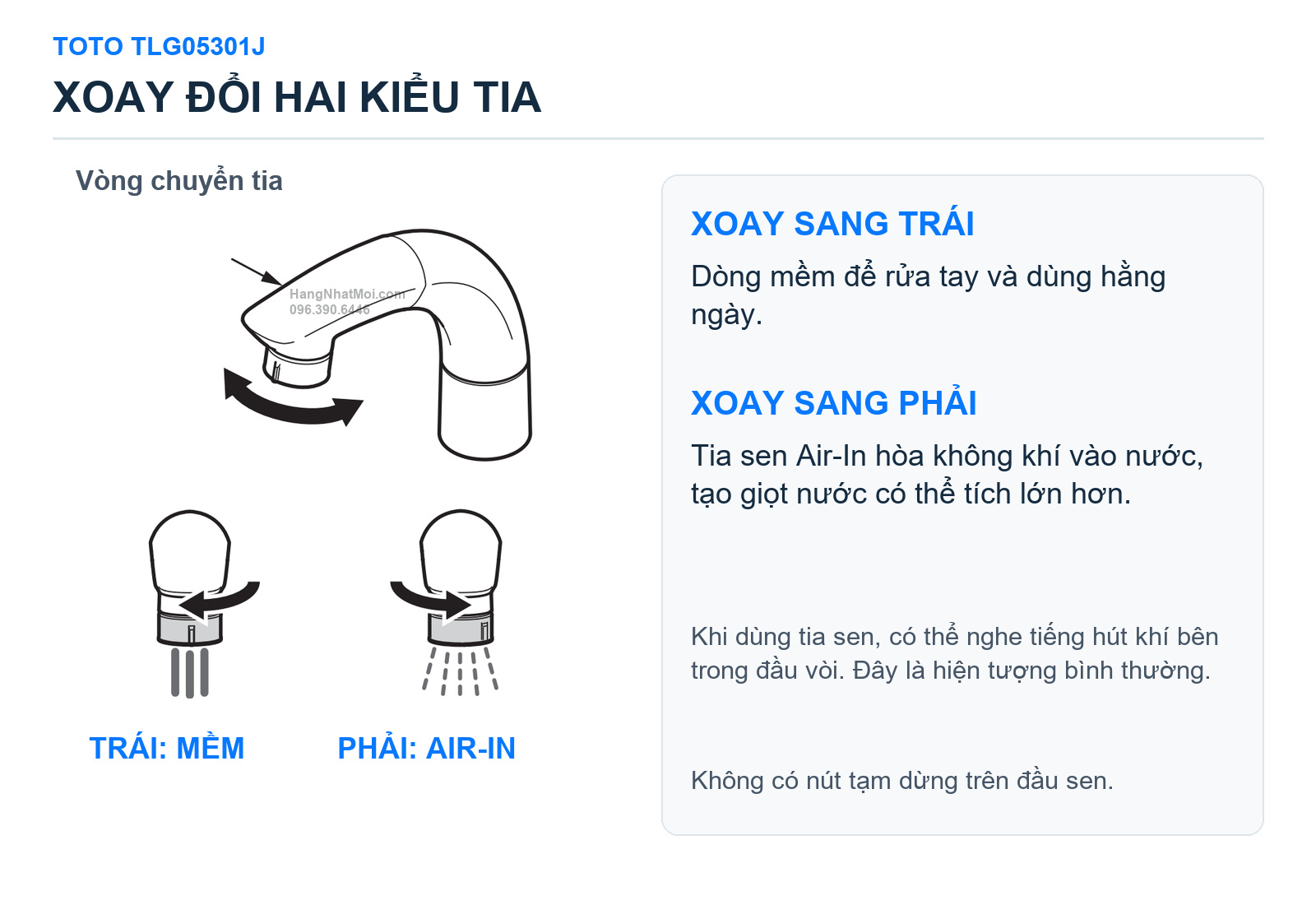Chuyển dòng mềm và tia sen Air-In trên TOTO TLG05301J
