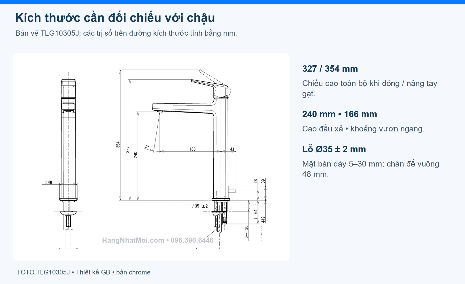 TOTO TLG10305J – Kích thước cần đối chiếu với chậu