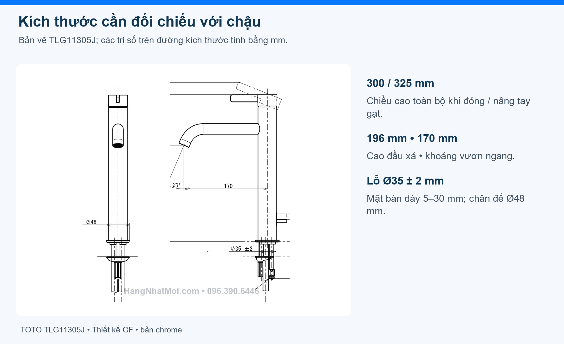 TOTO TLG11305J – Kích thước cần đối chiếu với chậu