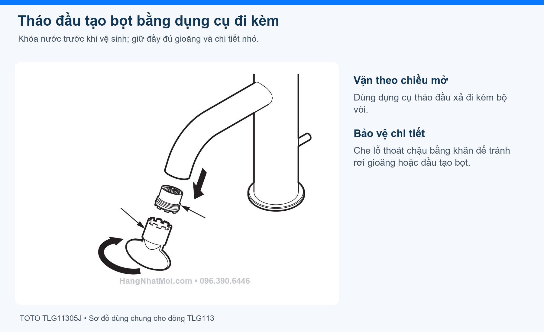 TOTO TLG11305J – Tháo đầu tạo bọt bằng dụng cụ đi kèm