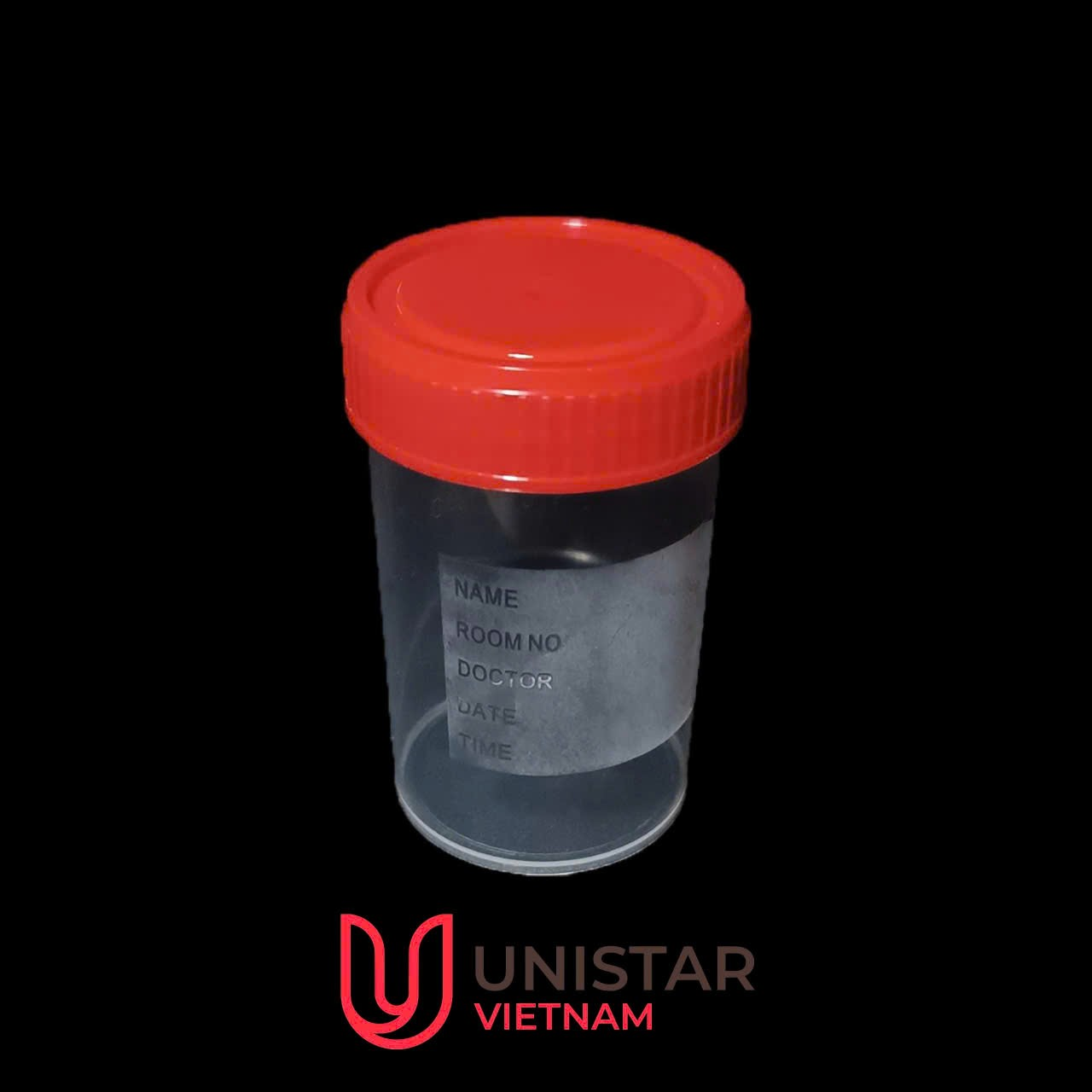 Lọ mẫu nước tiểu nhựa PP 60ml, nắp đỏ, có nhãn