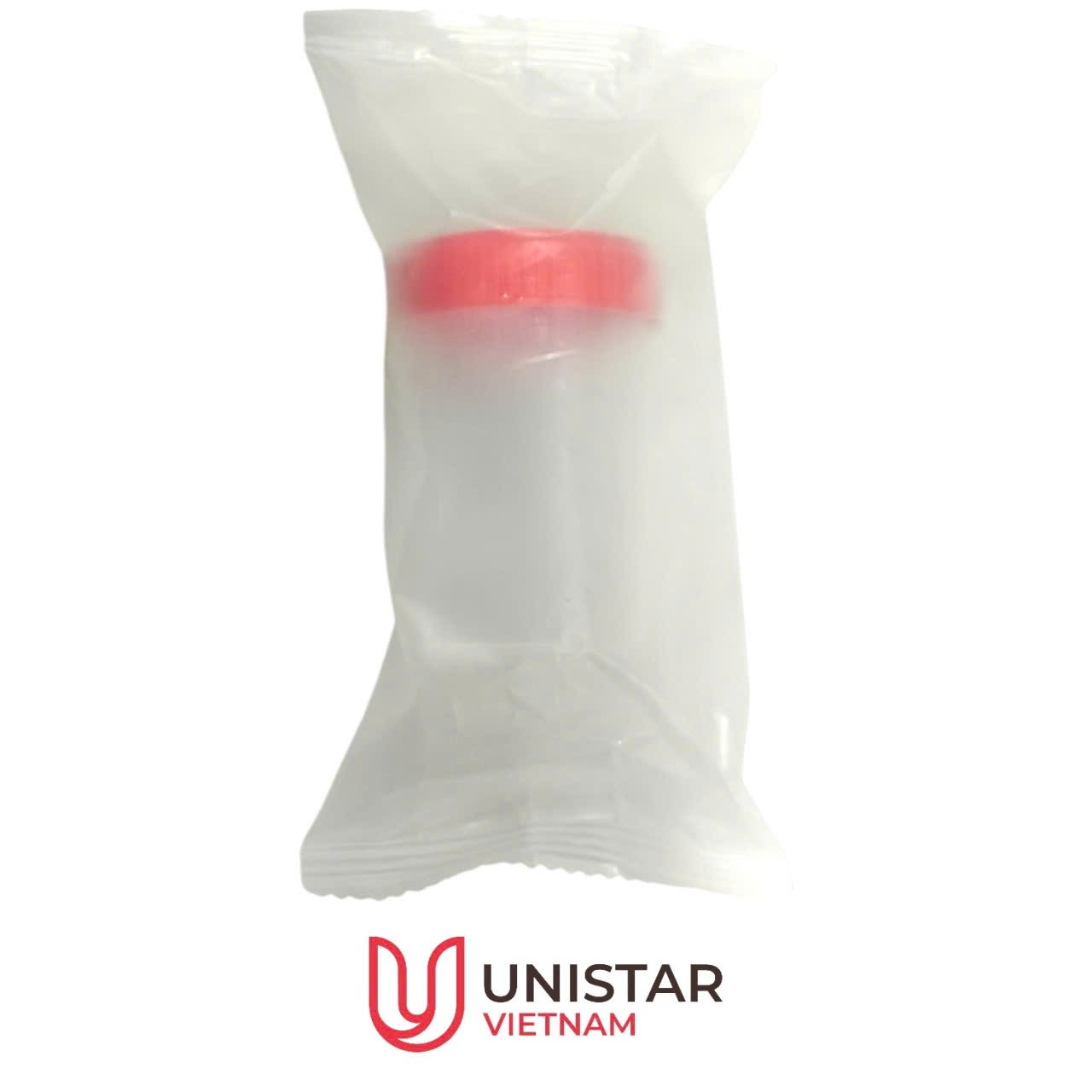 Lọ mẫu nước tiểu nhựa PP 60ml, nắp đỏ, có nhãn, tiệt trùng