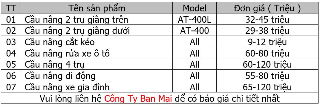 bảng giá cầu nâng ô tô mới nhất năm 2023, bảng chào giá cầu nâng ô tô, bảng giá bán cầu nâng ô tô