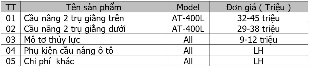 bảng giá cầu nâng 2 trụ mới nhất năm 2023, bảng báo giá cầu nâng 2 trụ