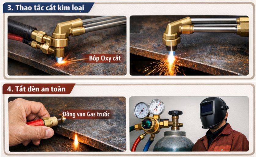 Bước 3: Mở oxy preheat và Bước 4: Mồi lửa