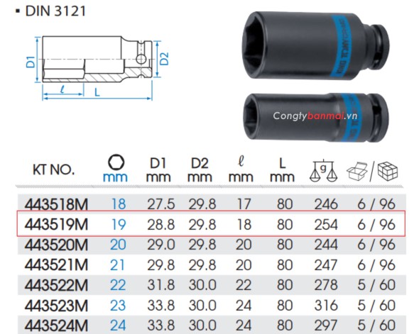 đầu khẩu tuýp đen 19mm - 1/2 inch Kingtony