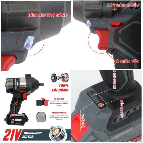 Hình ảnh cấu tạo máy siết bulong dùng pin Workfix WF-IW1100N