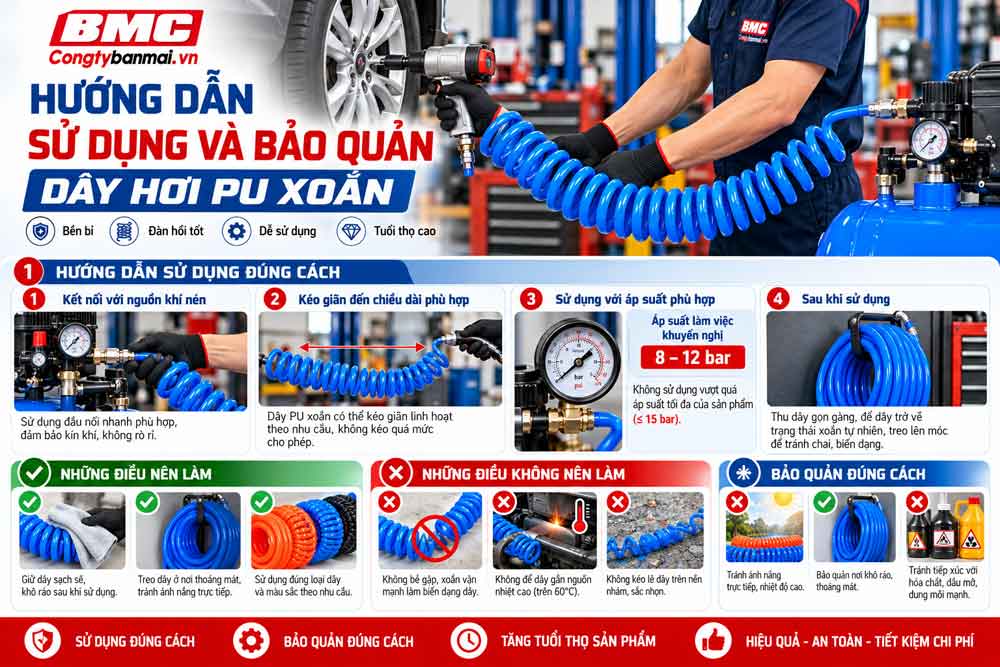 Hướng dẫn sử dụng và bảo quản dây hơi PU xoắn