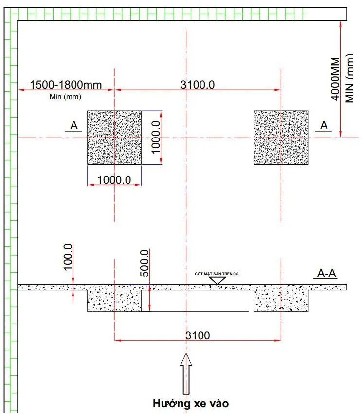 bản vẽ móng cầu nâng 2 trụ giằng trên