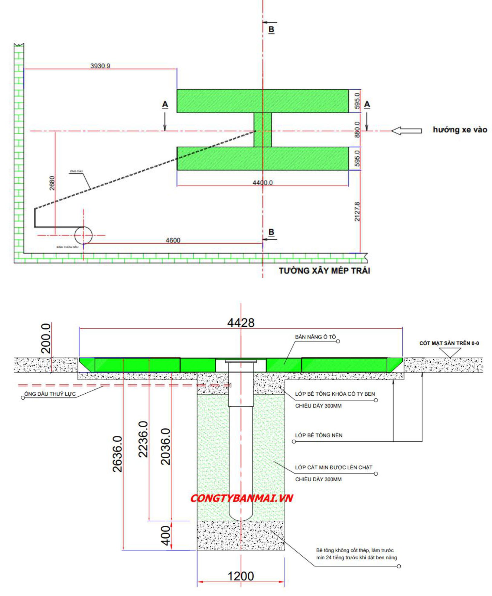 kích thước bản vẽ móng cầu nâng 1 trụ rửa xe ô tô