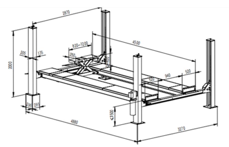 Kích thước cầu nâng 4 trụ  AT-400F4