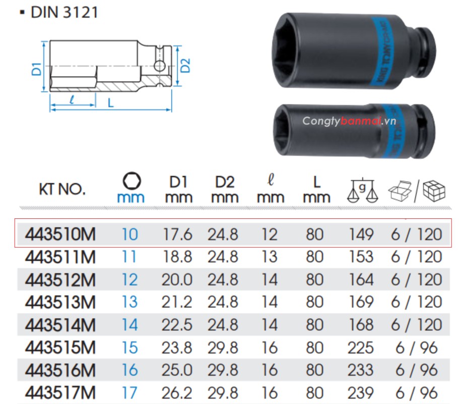 đầu khẩu tuýp đen 10mm - 1/2 inch Kingtony