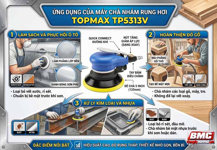 Ứng dụng của máy chà nhám rung hơi hút chân không Topmax TP5313V