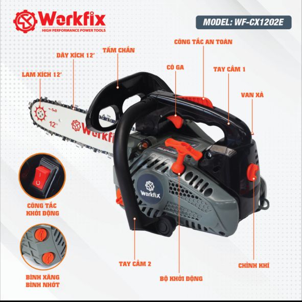 Cấu tạo máy cưa xích chạy xăng cầm tay Workfix WF-CS1202E