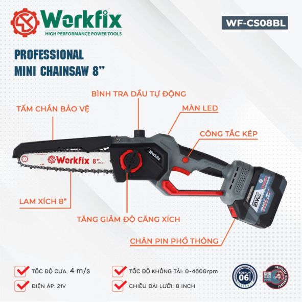 chi tiết cấu tạo máy cưa xích chạy Pin cầm tay Workfix WF-CS08BL