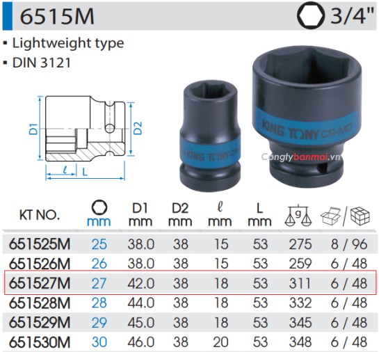 đầu khẩu tuýp đen 27mm - 3/4 inch Kingtony