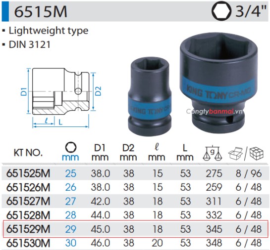 đầu khẩu tuýp đen 29mm - 3/4 inch Kingtony