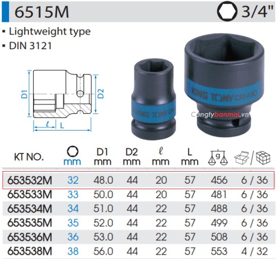 đầu khẩu tuýp đen 32mm - 3/4 inch Kingtony