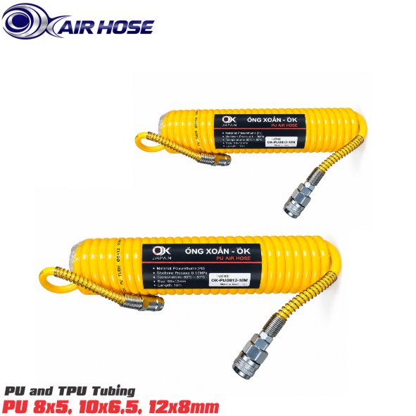 Dây khí nén PU xoắn có bọc lò xo 2 đầu cỡ 8x5mm, 10x6.5mm, 12x8mm, chiều dài 3m, 6m, 9m, 12m
