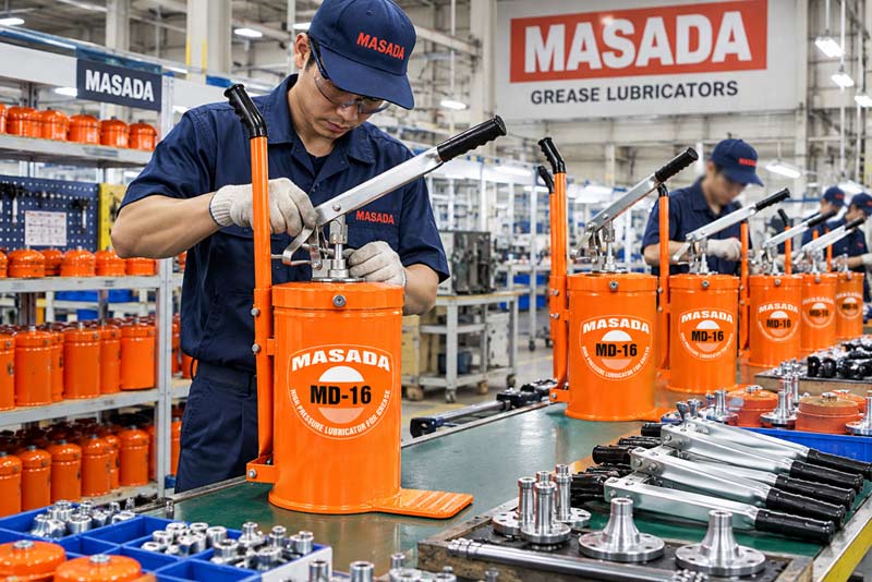 Hình ảnh máy bơm mỡ tay Masada MD-16 đang lắp ráp tại nhà máy