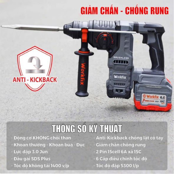 Hình ảnh máy khoan bê tông 3 chức năng dùng Pin Workfix WF-RH3003PRO