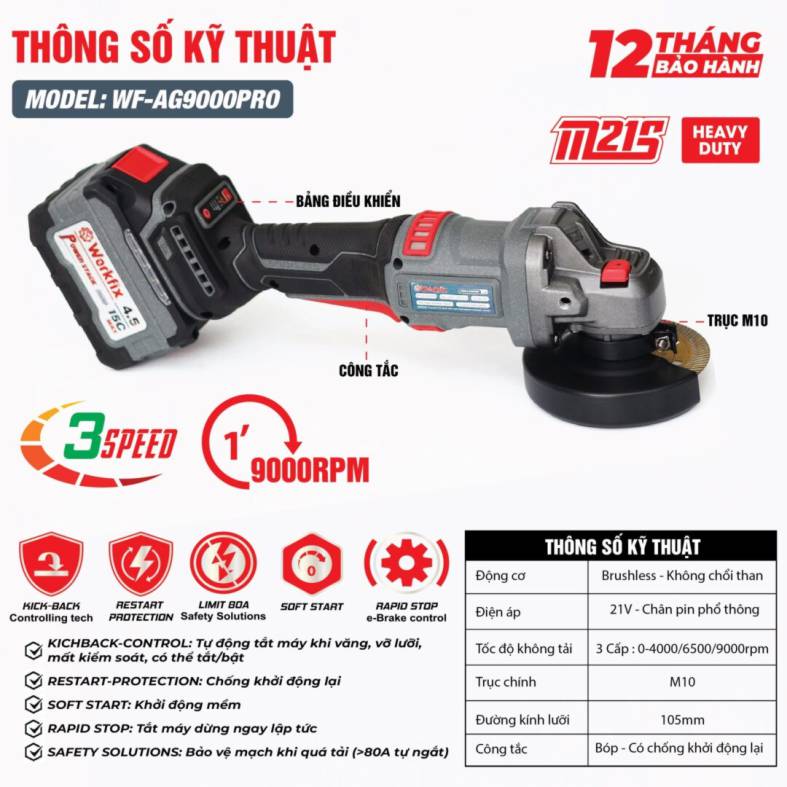 Hình ảnh máy mài góc dùng Pin Workfix WF-AG9000PRO