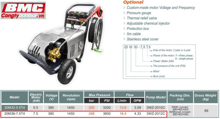 Hình ảnh máy rửa xe áp lực cao Lutian 7.5kW 20M36-7.5T4