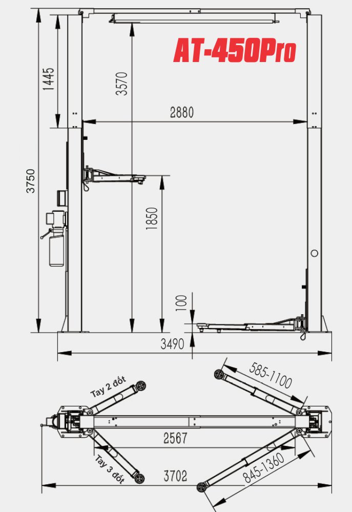 Kích thước cầu nâng 2 trụ 4,5 tấn cổng trên Autolift AT-450Pro