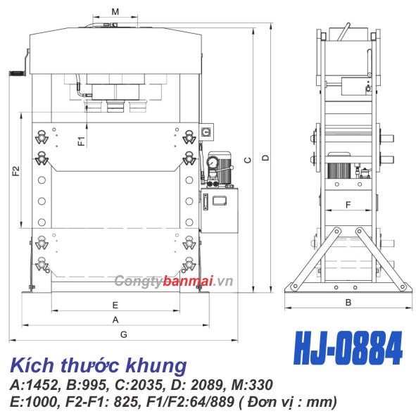 Kich thước máy ép thuỷ lực 150 tấn dùng điện HJ0884 