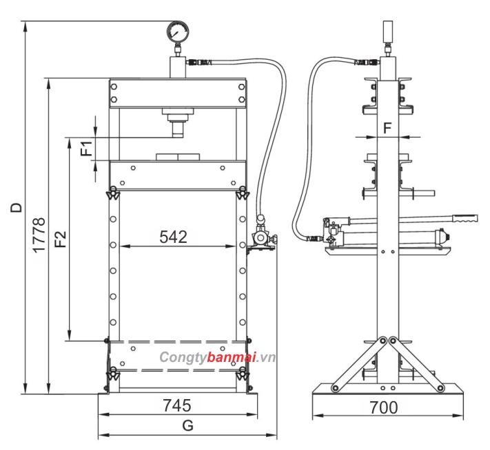 Kích thước máy ép thuỷ lực 20 tấn dùng khí nén HJ0805CE 