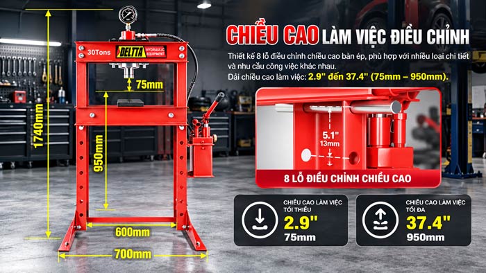 Kích thước máy ép thủy lực 30 tấn DL-0730A