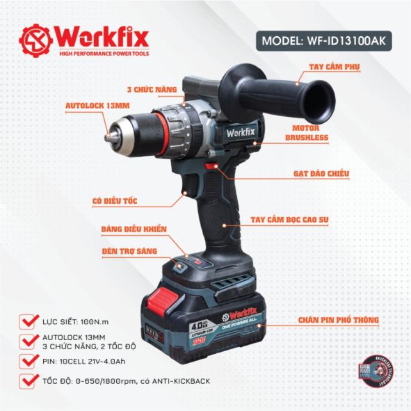 Máy khoan cầm tay chạy Pin Workfix WF-ID13100AK 