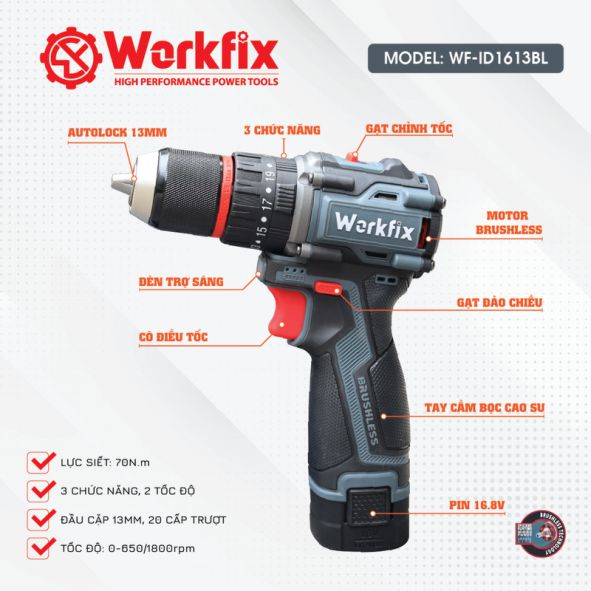 Máy khoan Pin cầm tay Workfix WF-ID1613BL 13mm