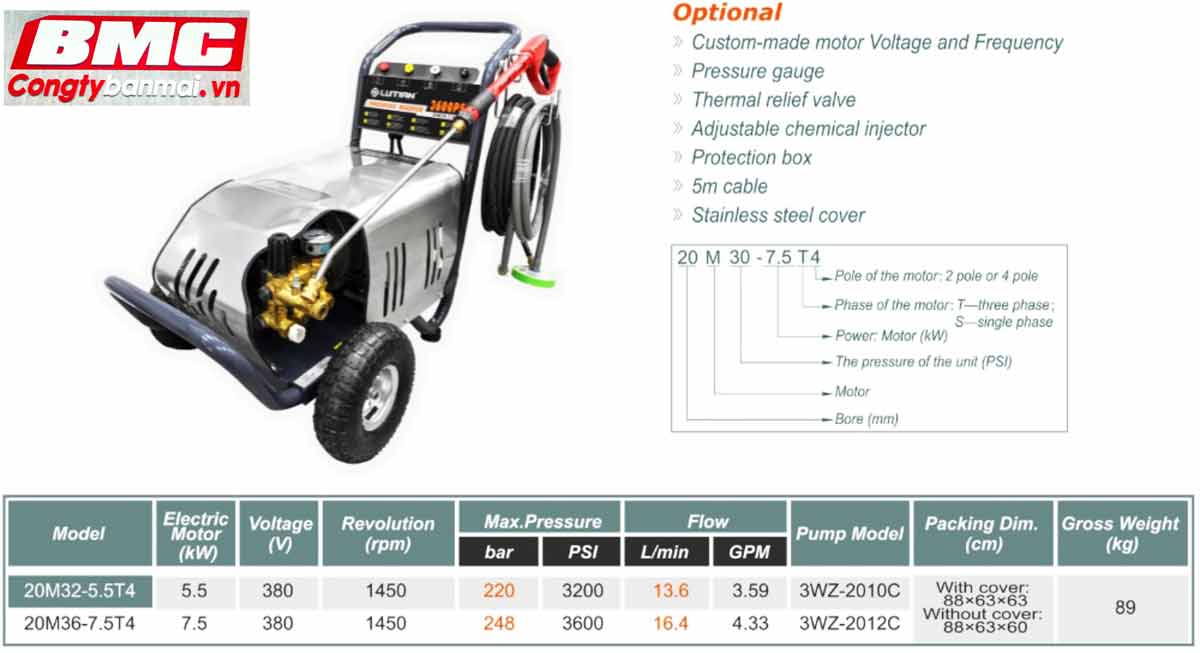 Máy xịt rửa xe cao áp 5.5 Kw Lutian 20M32-5.5T4
