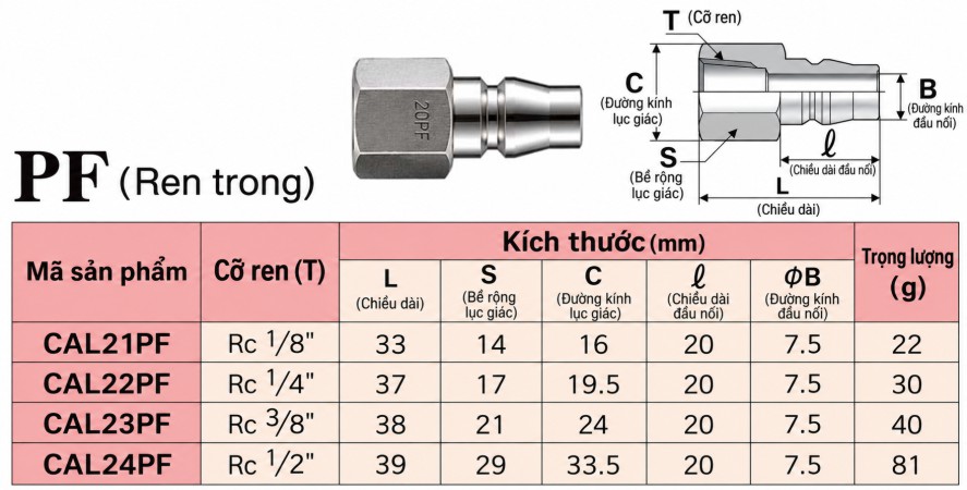 Thông số đầu nối nhanh NAC ren trong 22PF, 23PF, 24PF