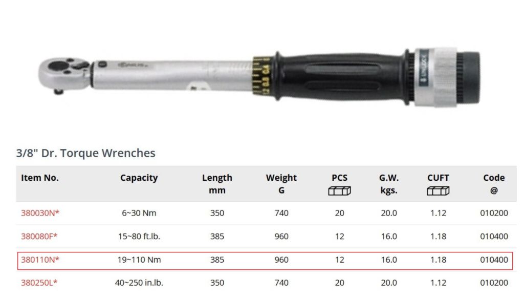 Thông số kỹ thuật Cần xiết lực 3/8" Genius 380110N 